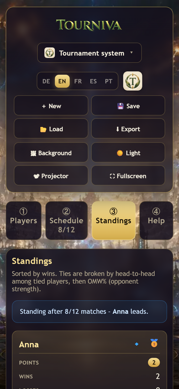 Tourniva mobile standings in dark theme